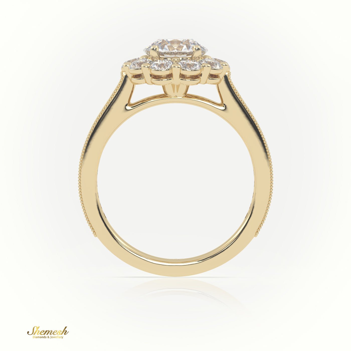 18K Gold Round Cut Diamond Floral Halo Engagement Ring with Milgrain Detail - shemesh_diamonds