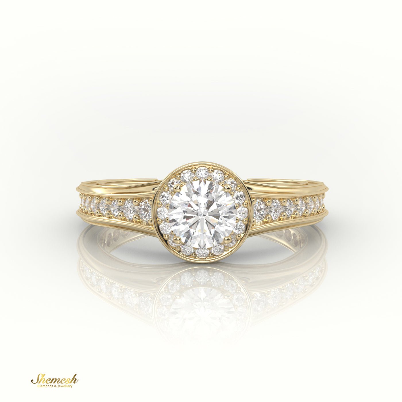 18K Gold 4 Prongs Round Diamond Halo Engagement Ring with Channel Setting Band - shemesh_diamonds