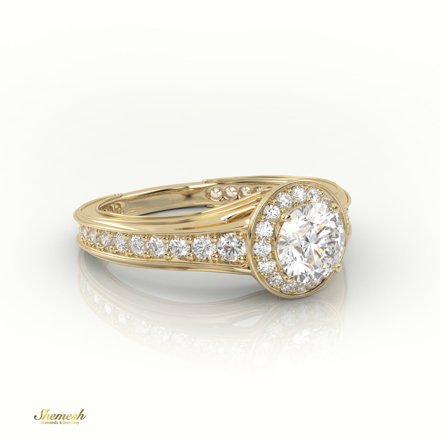 18K Gold 4 Prongs Round Diamond Halo Engagement Ring with Channel Setting Band - shemesh_diamonds