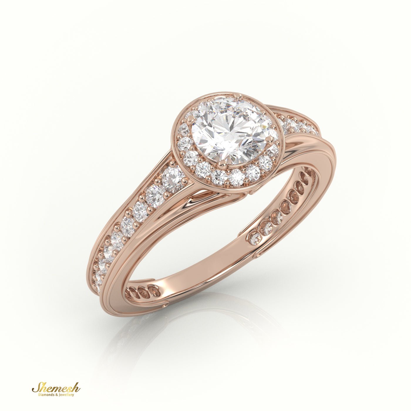 18K Gold 4 Prongs Round Diamond Halo Engagement Ring with Channel Setting Band - shemesh_diamonds