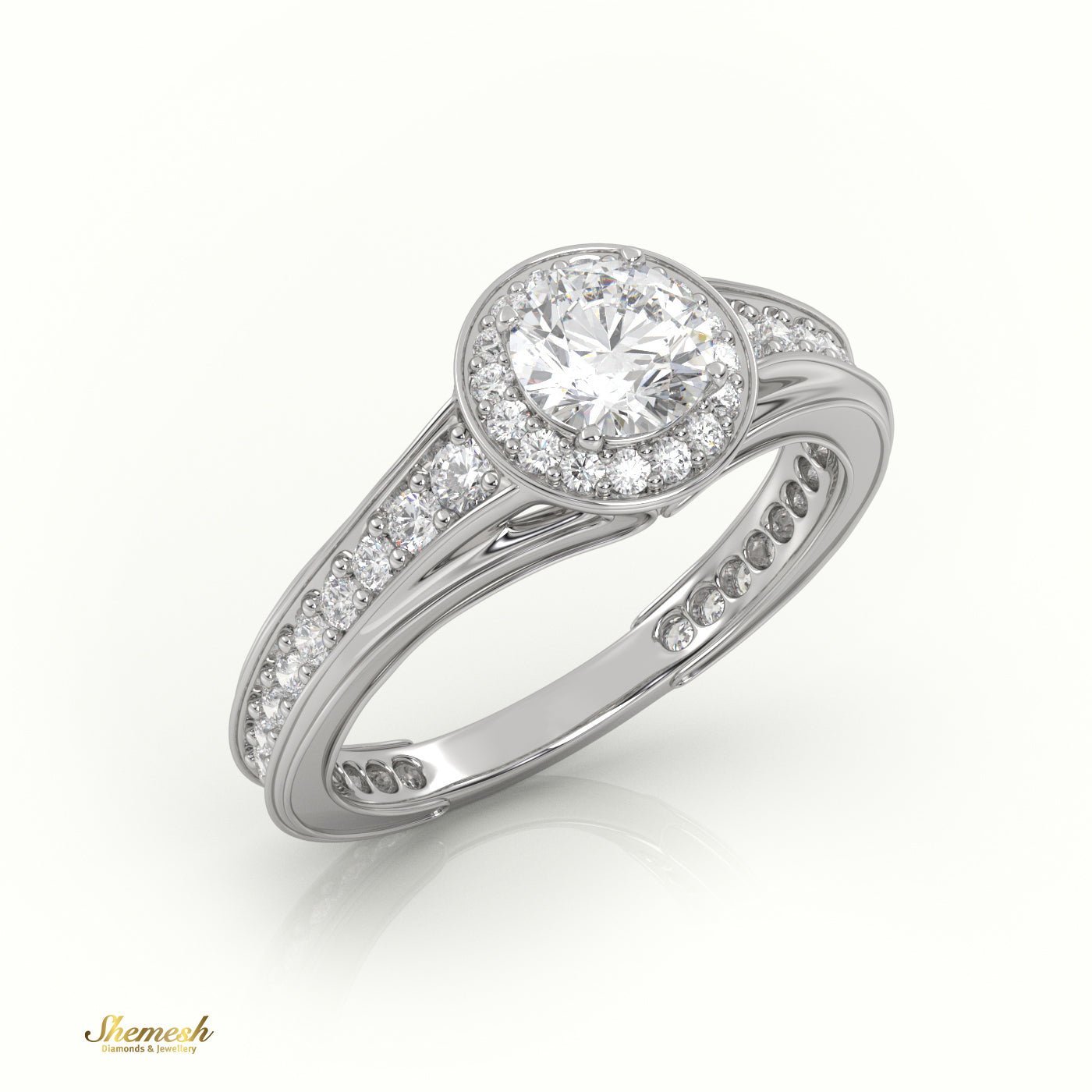 18K Gold 4 Prongs Round Diamond Halo Engagement Ring with Channel Setting Band - shemesh_diamonds