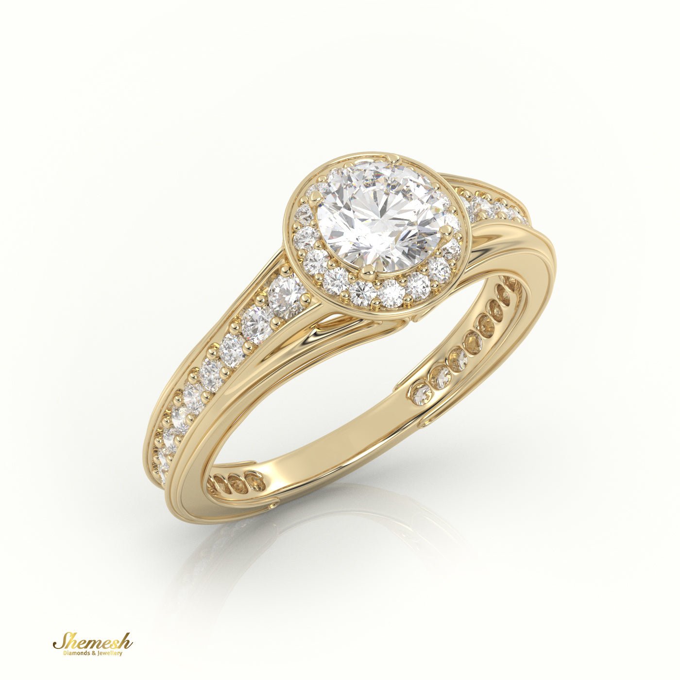 18K Gold 4 Prongs Round Diamond Halo Engagement Ring with Channel Setting Band - shemesh_diamonds