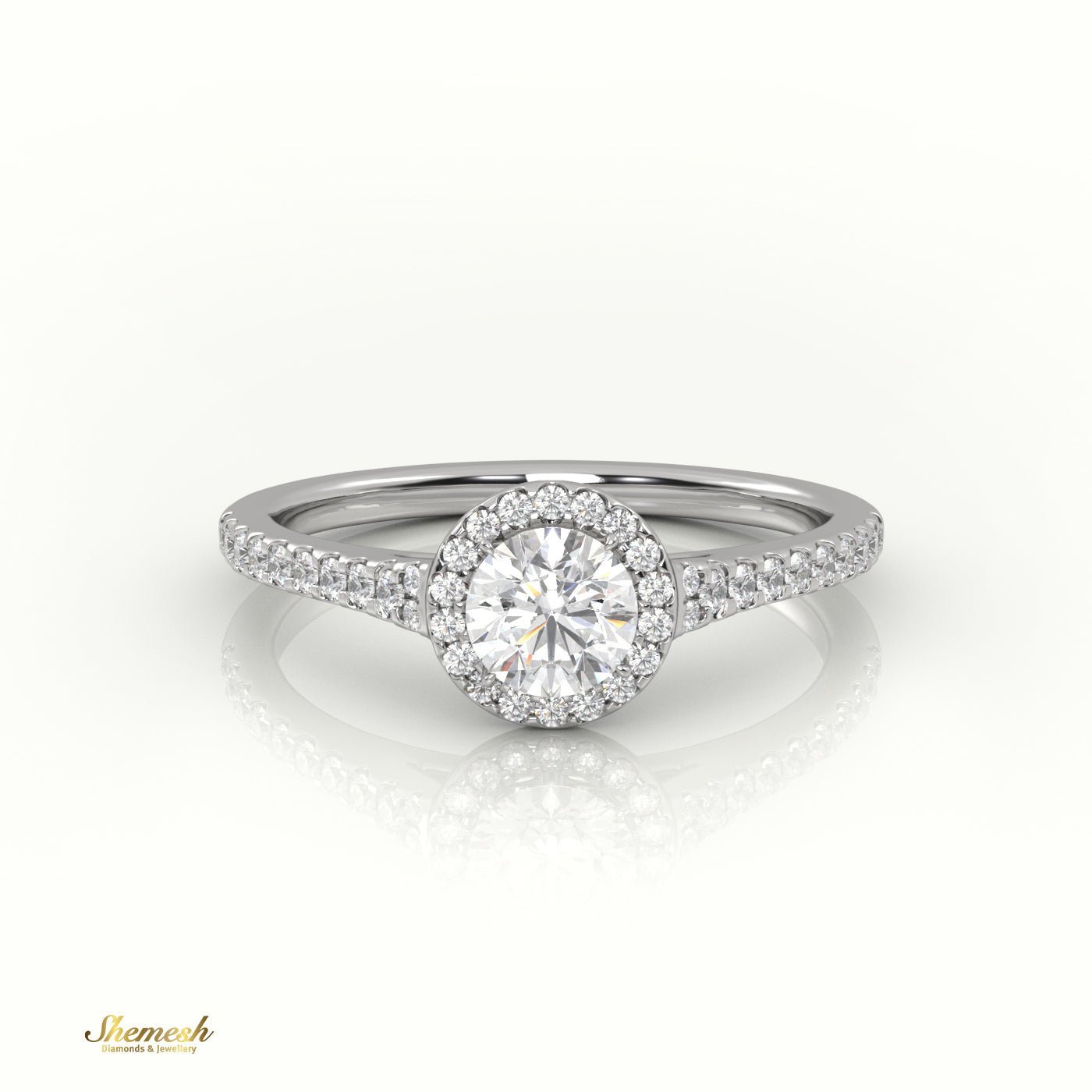 18K Gold 4 Prongs Round Cut Diamond Halo Engagement Ring with Side Stones - shemesh_diamonds