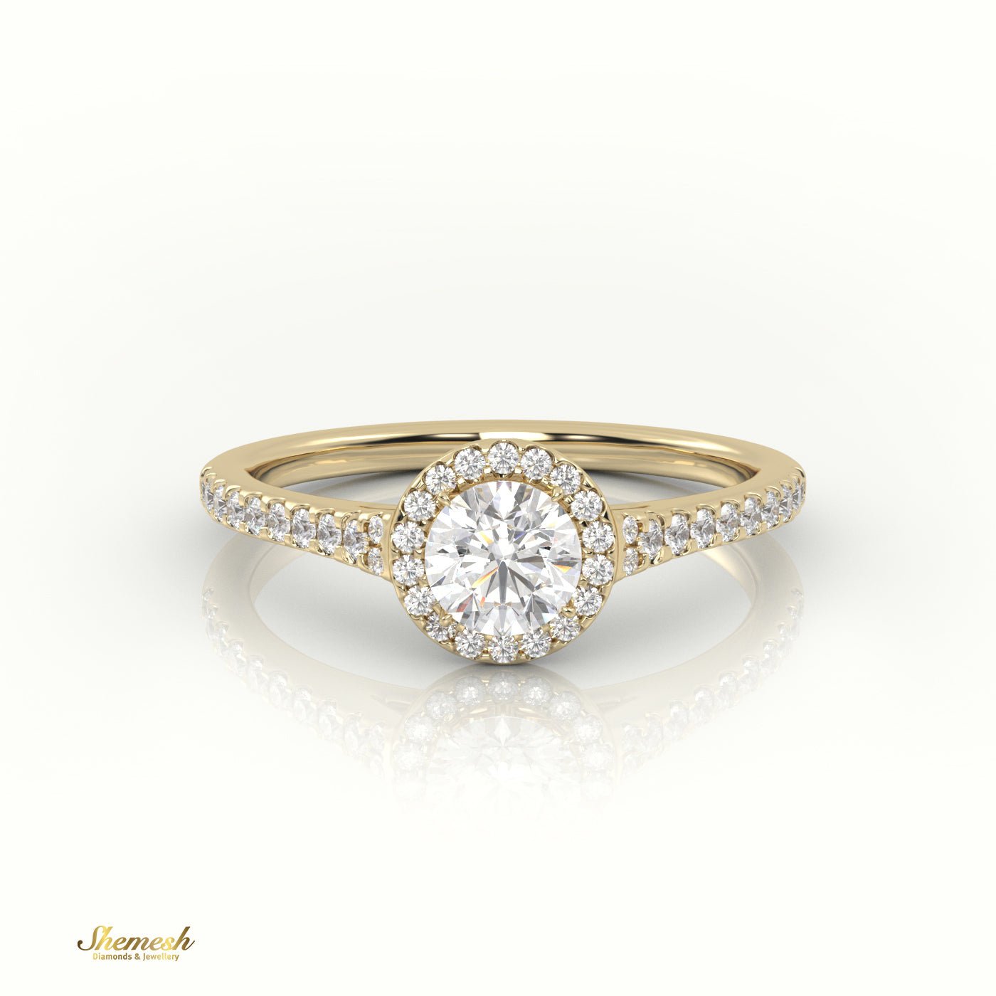 18K Gold 4 Prongs Round Cut Diamond Halo Engagement Ring with Side Stones - shemesh_diamonds