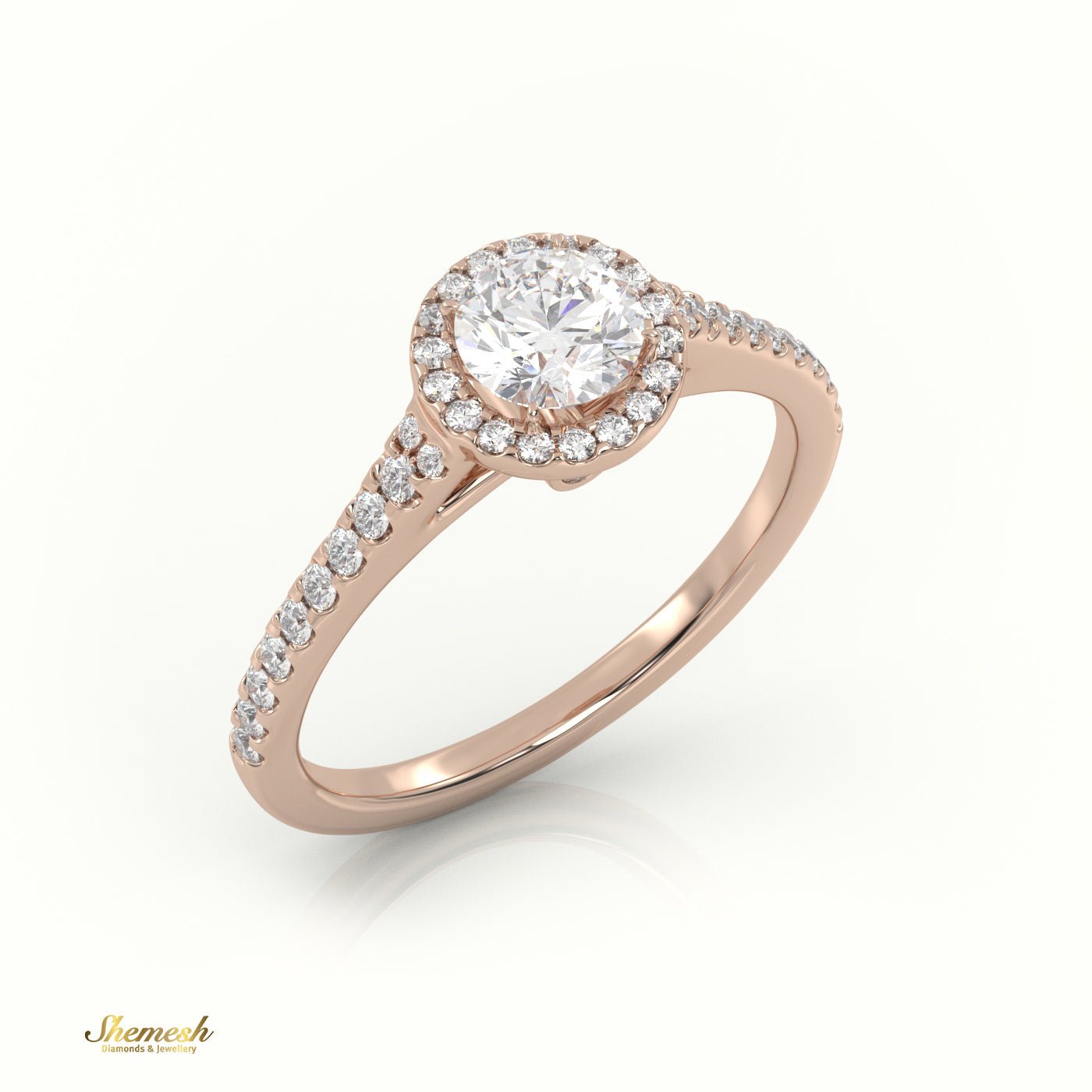 18K Gold 4 Prongs Round Cut Diamond Halo Engagement Ring with Side Stones - shemesh_diamonds