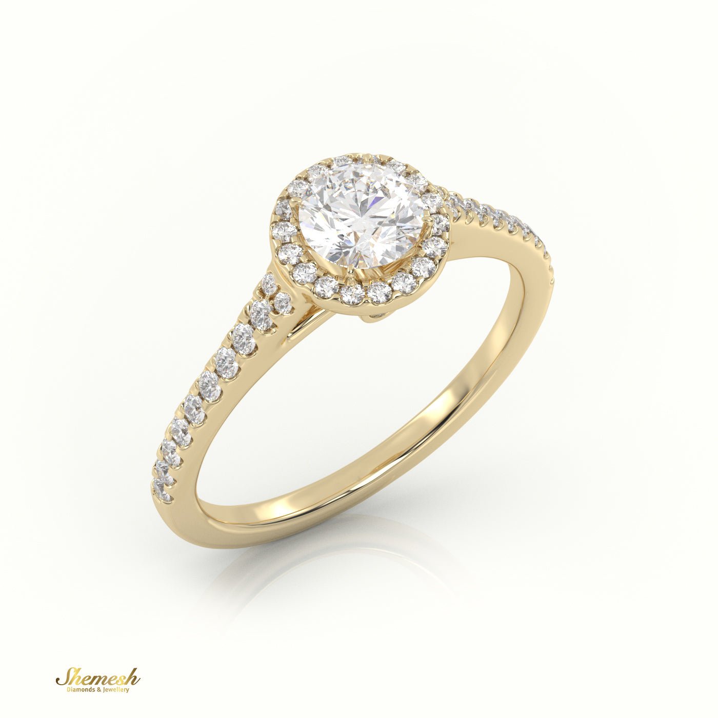 18K Gold 4 Prongs Round Cut Diamond Halo Engagement Ring with Side Stones - shemesh_diamonds