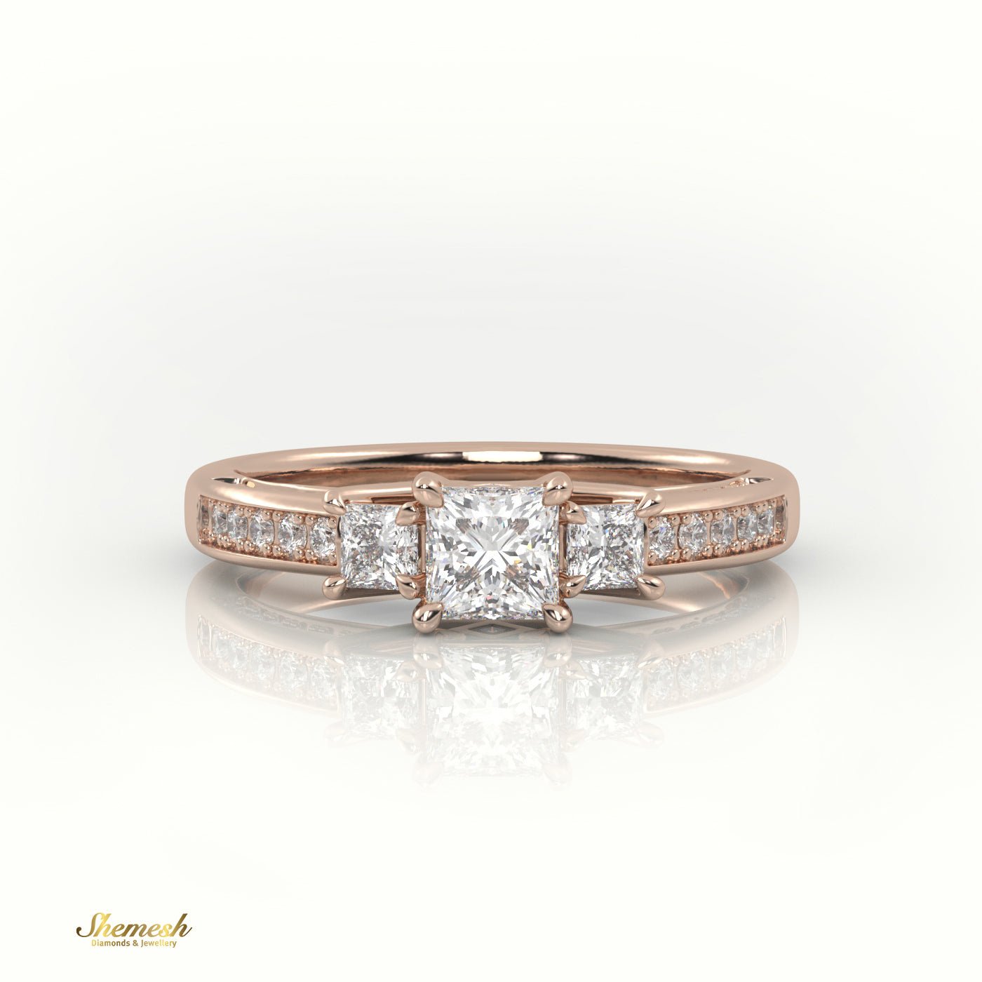 18K Gold 4 Prongs Princess Diamond Three Stone Rings with PaveSet Band - shemesh_diamonds