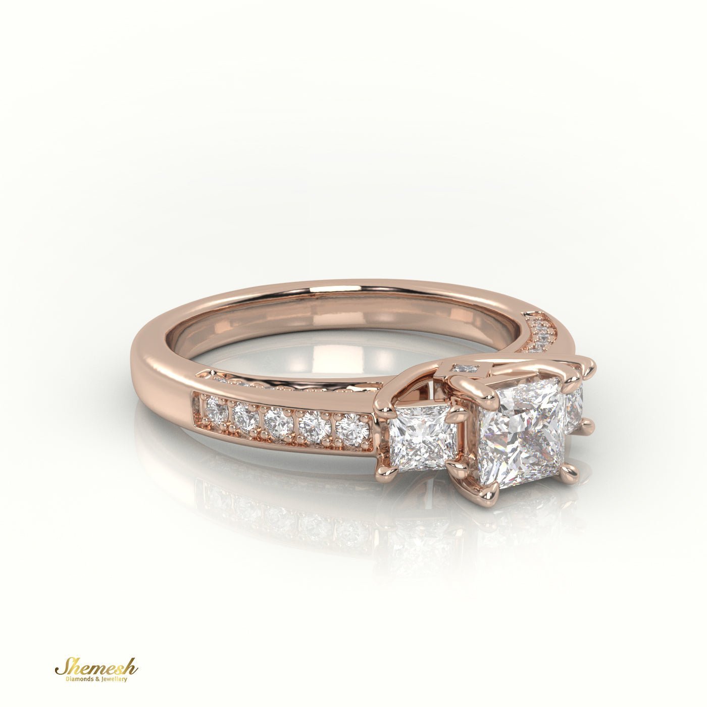 18K Gold 4 Prongs Princess Diamond Three Stone Rings with PaveSet Band - shemesh_diamonds