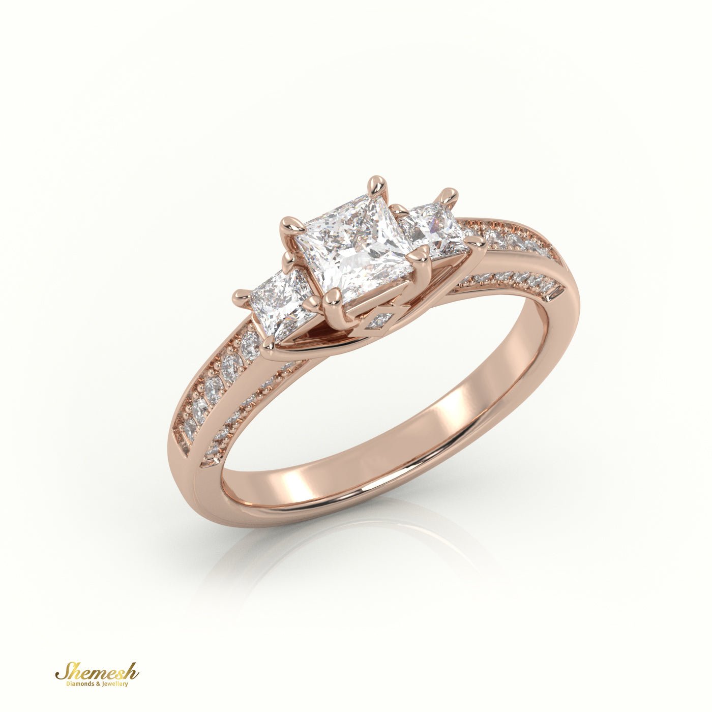 18K Gold 4 Prongs Princess Diamond Three Stone Rings with PaveSet Band - shemesh_diamonds