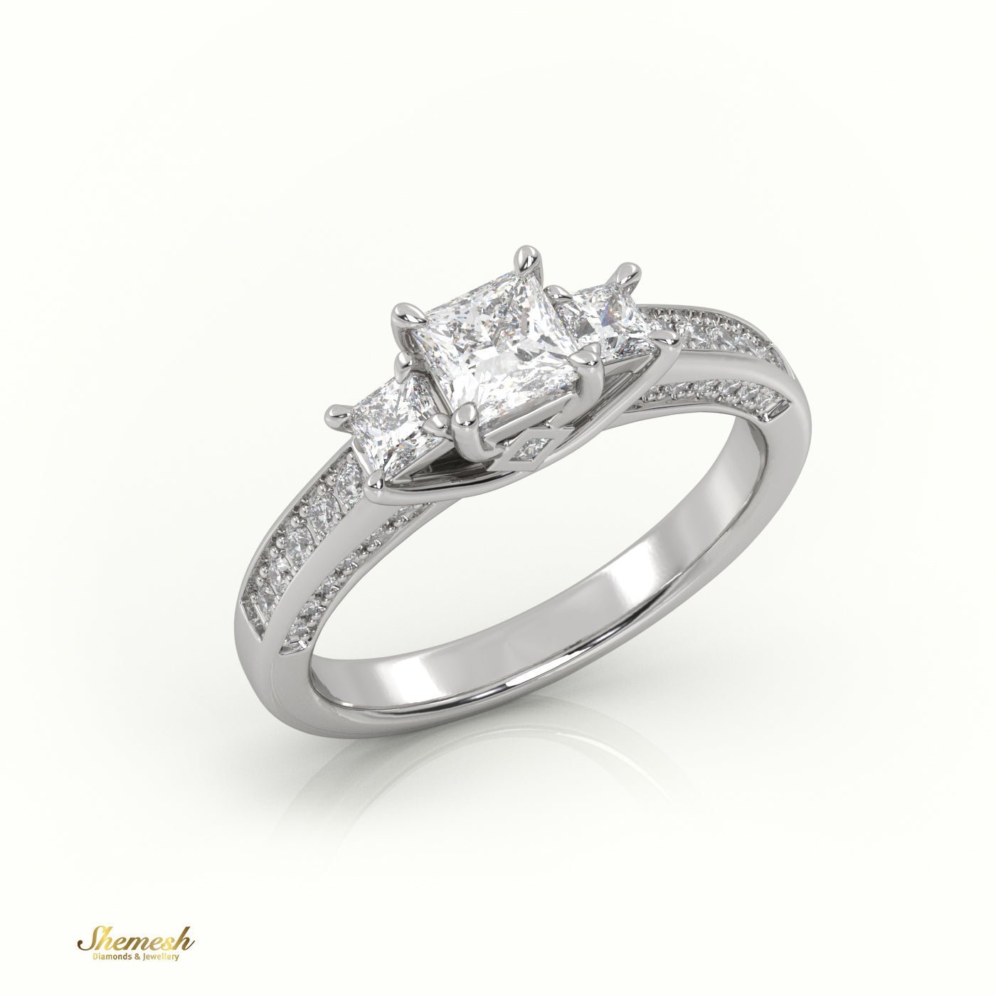 18K Gold 4 Prongs Princess Diamond Three Stone Rings with PaveSet Band - shemesh_diamonds