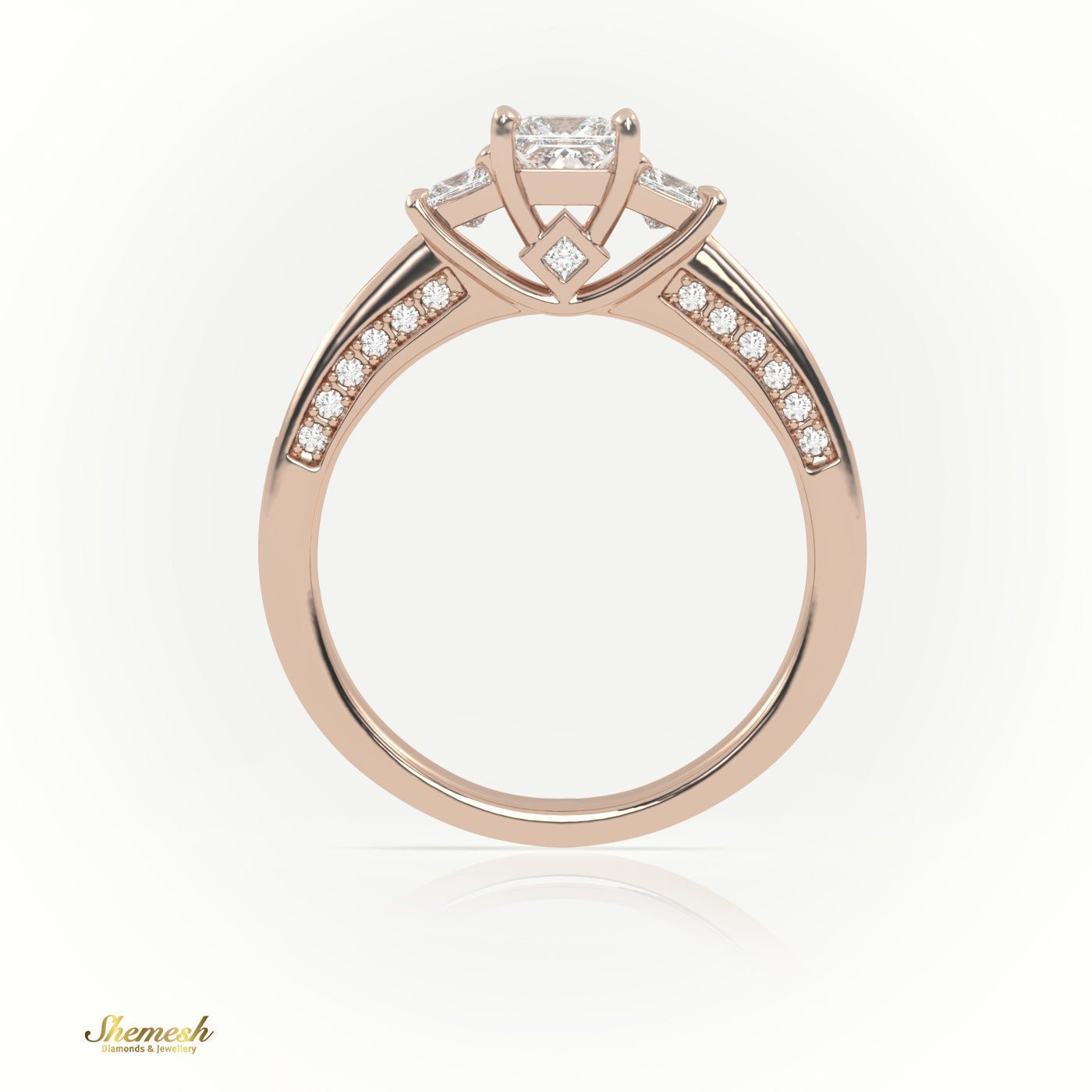 18K Gold 4 Prongs Princess Diamond Three Stone Rings with PaveSet Band - shemesh_diamonds