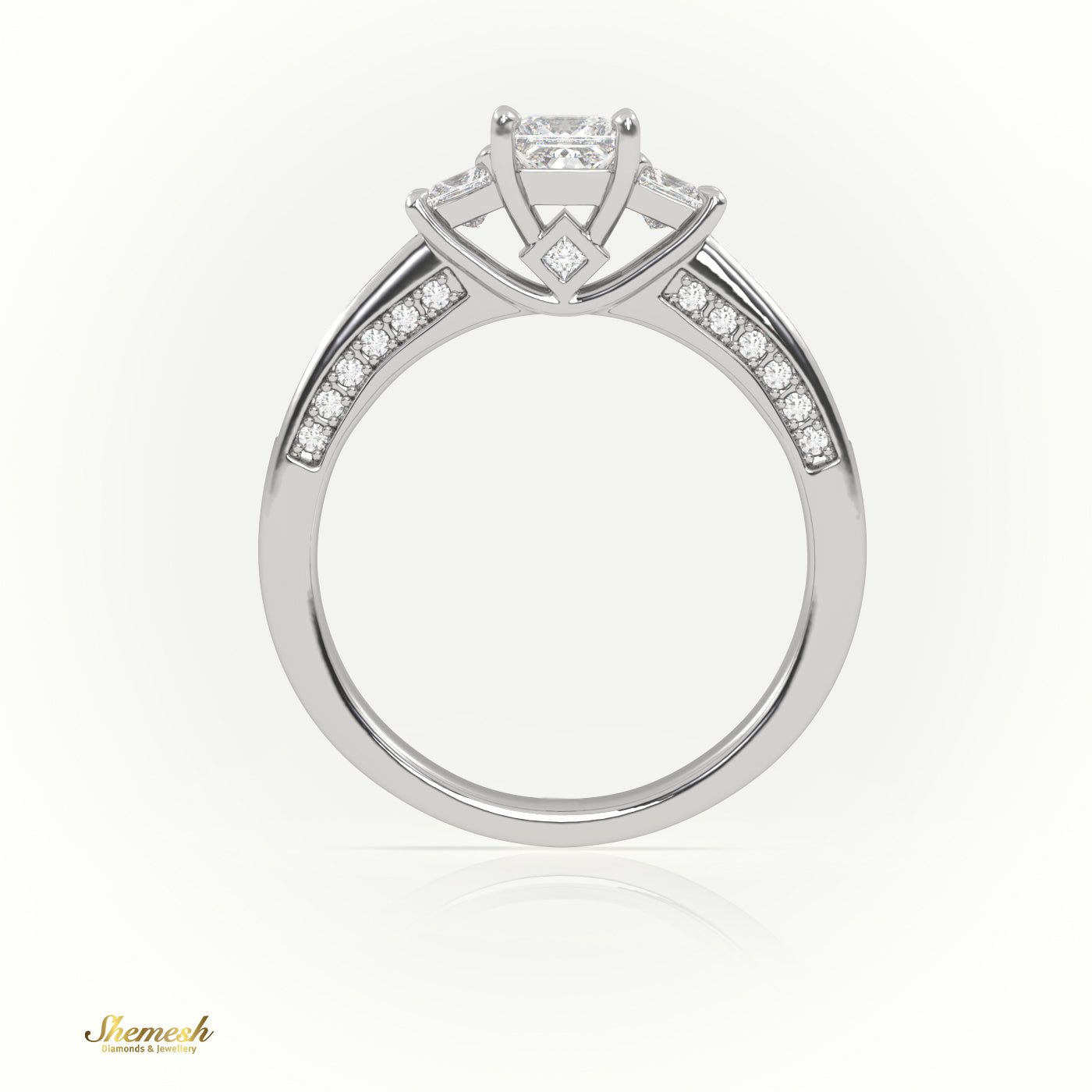 18K Gold 4 Prongs Princess Diamond Three Stone Rings with PaveSet Band - shemesh_diamonds