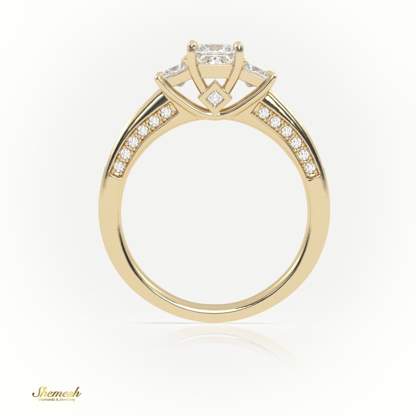 18K Gold 4 Prongs Princess Diamond Three Stone Rings with PaveSet Band - shemesh_diamonds