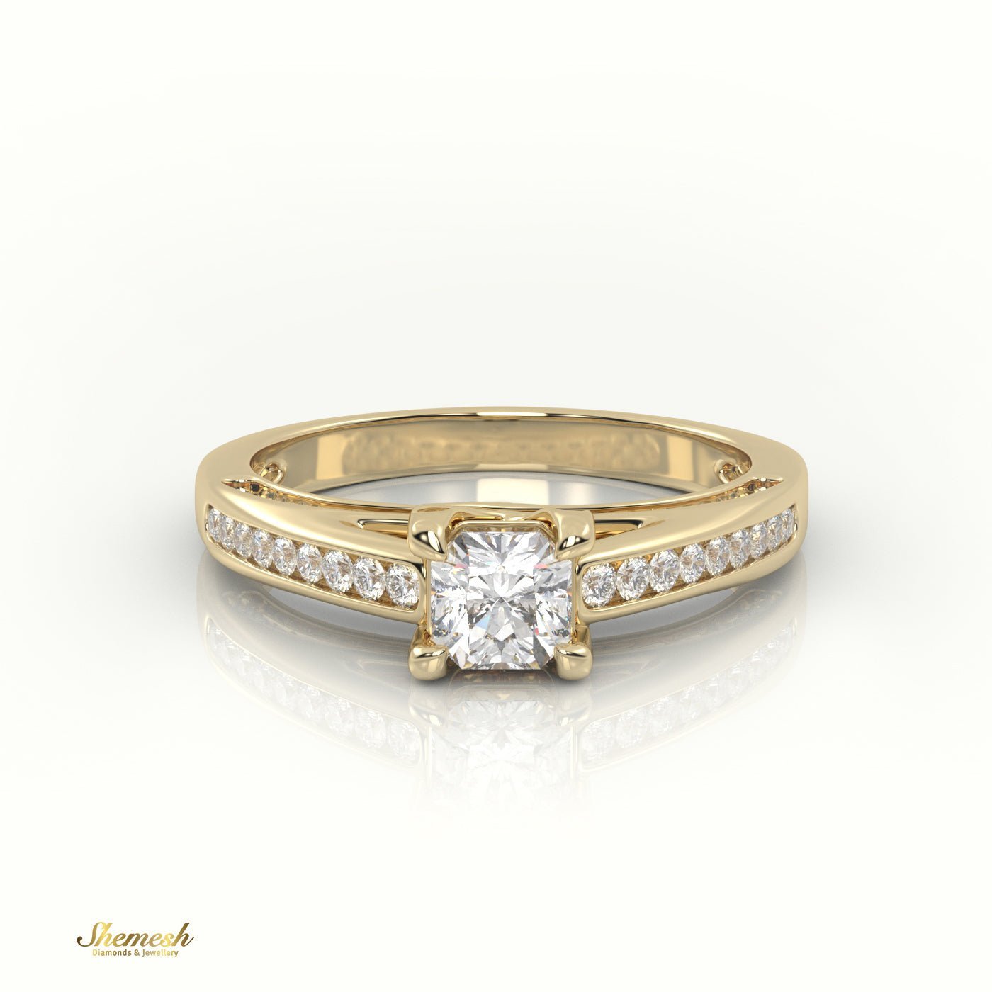 18K Gold Radiant Cut Diamond Engagement Ring with 4 TabProng and Channel Setting - shemesh_diamonds