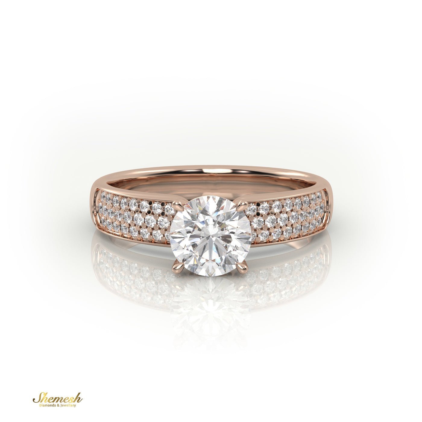 18K Gold 4 Prongs Round Diamond Soliatire Engagement Ring with 3 Row Pave Set Band - shemesh_diamonds