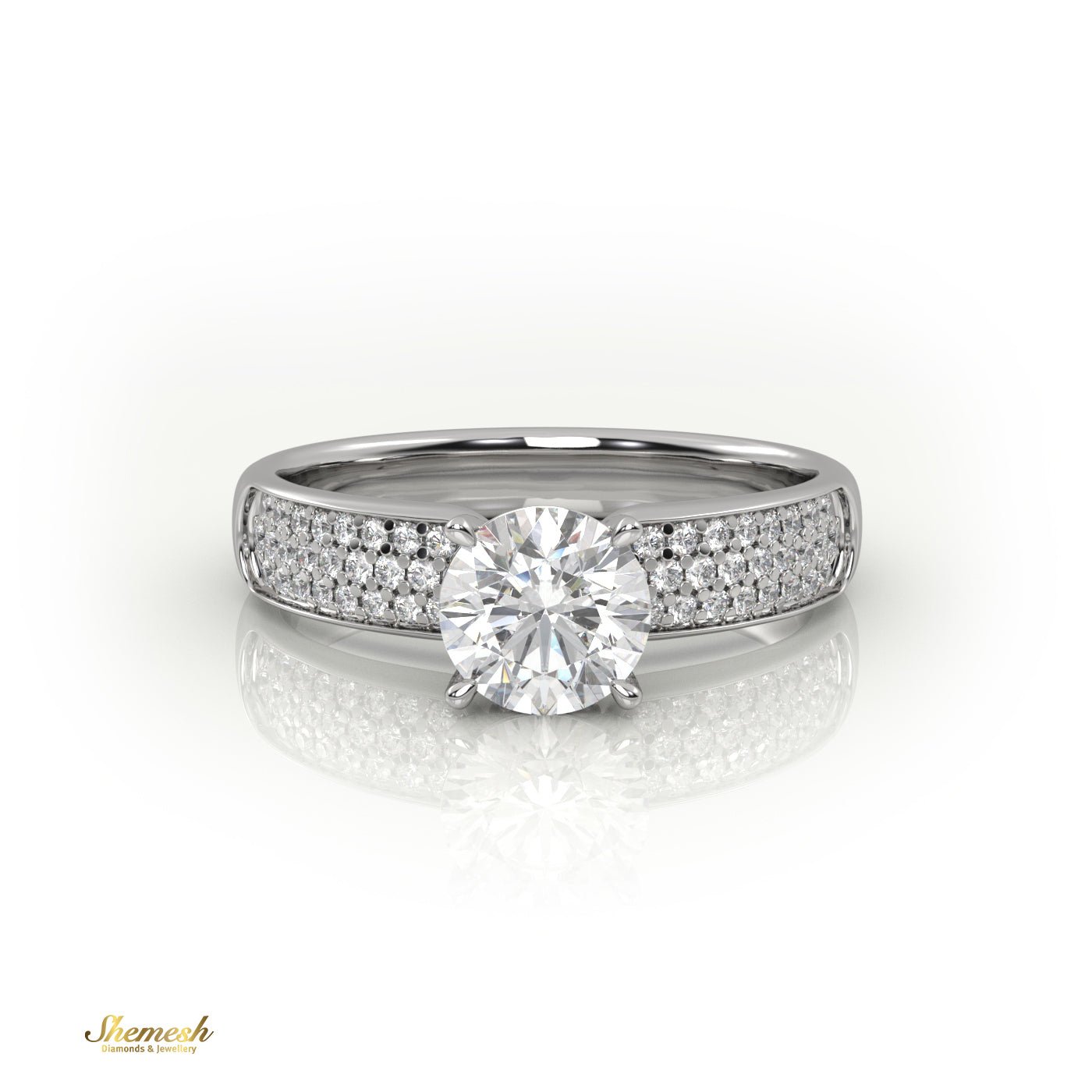 18K Gold 4 Prongs Round Diamond Soliatire Engagement Ring with 3 Row Pave Set Band - shemesh_diamonds