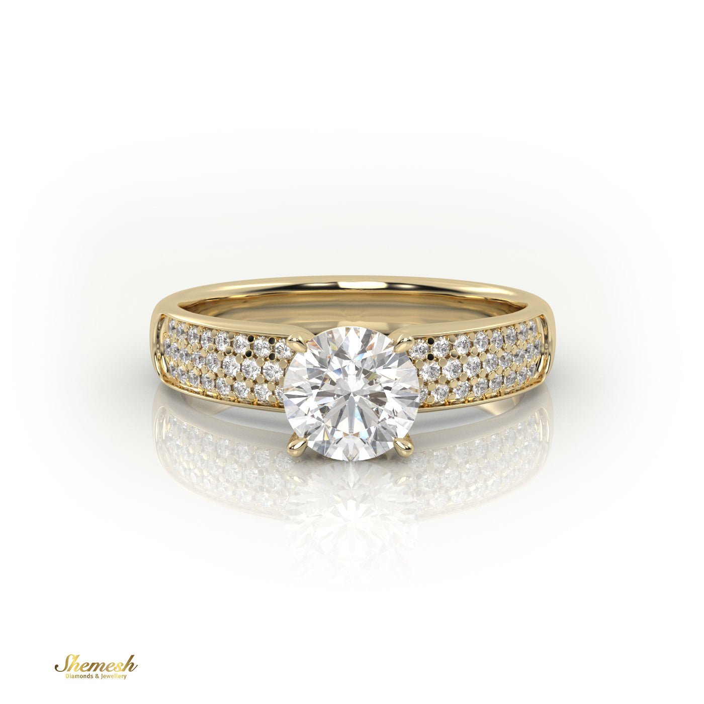 18K Gold 4 Prongs Round Diamond Soliatire Engagement Ring with 3 Row Pave Set Band - shemesh_diamonds