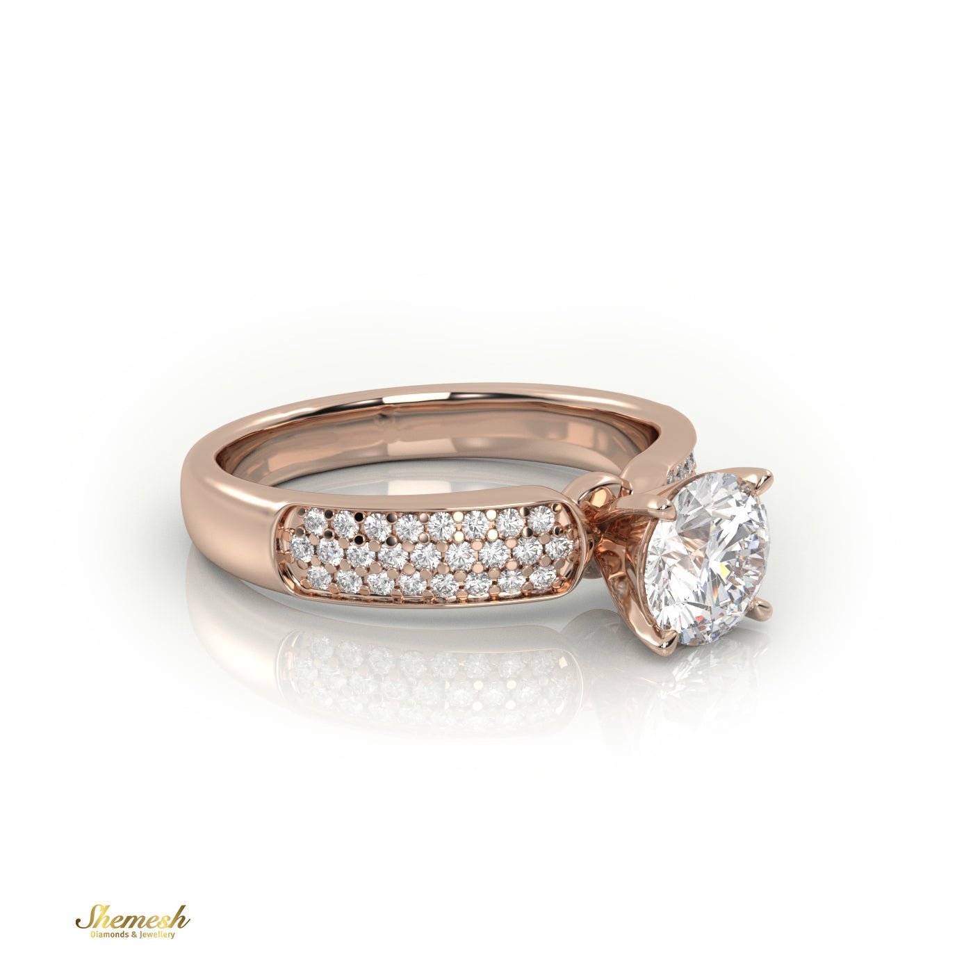 18K Gold 4 Prongs Round Diamond Soliatire Engagement Ring with 3 Row Pave Set Band - shemesh_diamonds