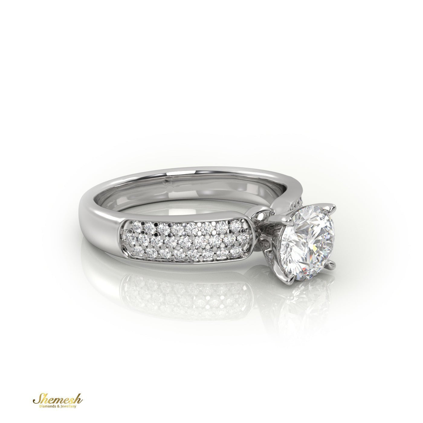 18K Gold 4 Prongs Round Diamond Soliatire Engagement Ring with 3 Row Pave Set Band - shemesh_diamonds