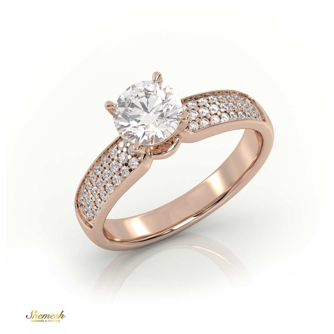 18K Gold 4 Prongs Round Diamond Soliatire Engagement Ring with 3 Row Pave Set Band - shemesh_diamonds