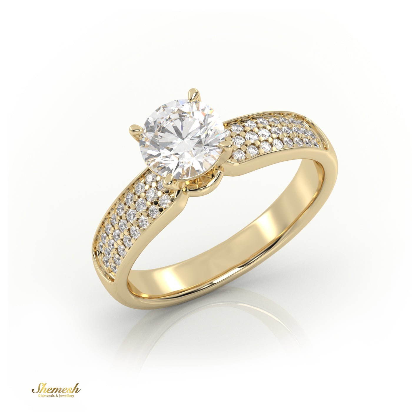 18K Gold 4 Prongs Round Diamond Soliatire Engagement Ring with 3 Row Pave Set Band - shemesh_diamonds