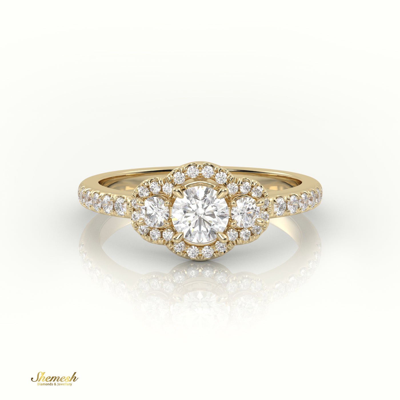 18K Gold Round Cut Diamond Side Stone Engagement Ring - shemesh_diamonds