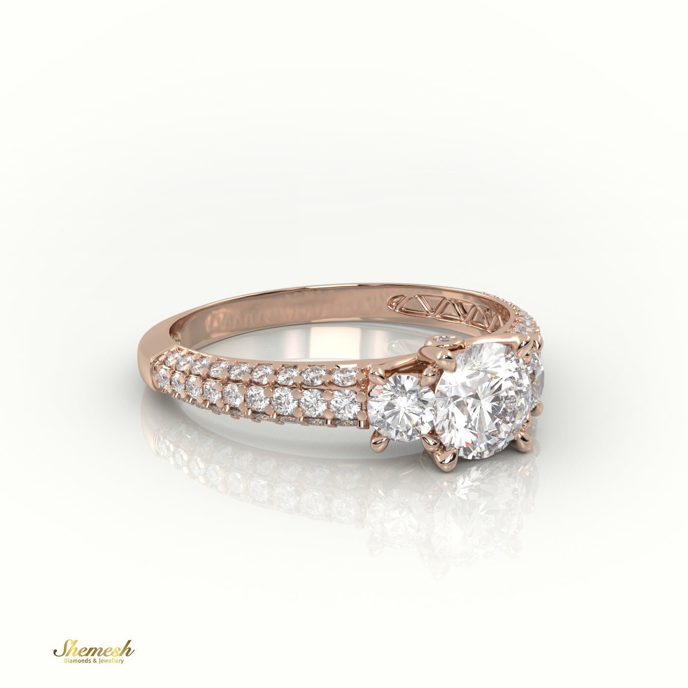 18K Gold Round Cut Diamond Side Stones Double Pave Setting Engagement Ring - shemesh_diamonds