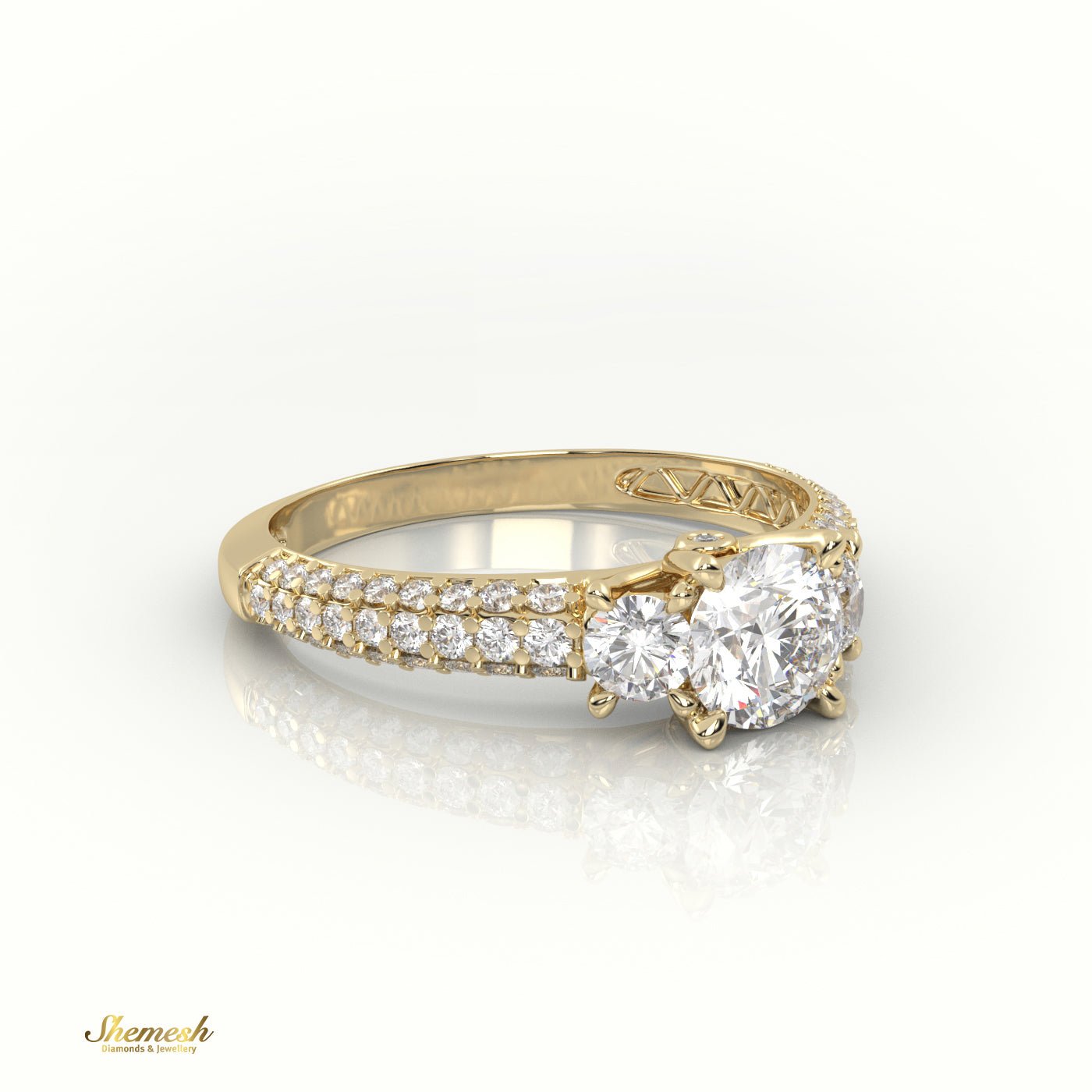 18K Gold Round Cut Diamond Side Stones Double Pave Setting Engagement Ring - shemesh_diamonds