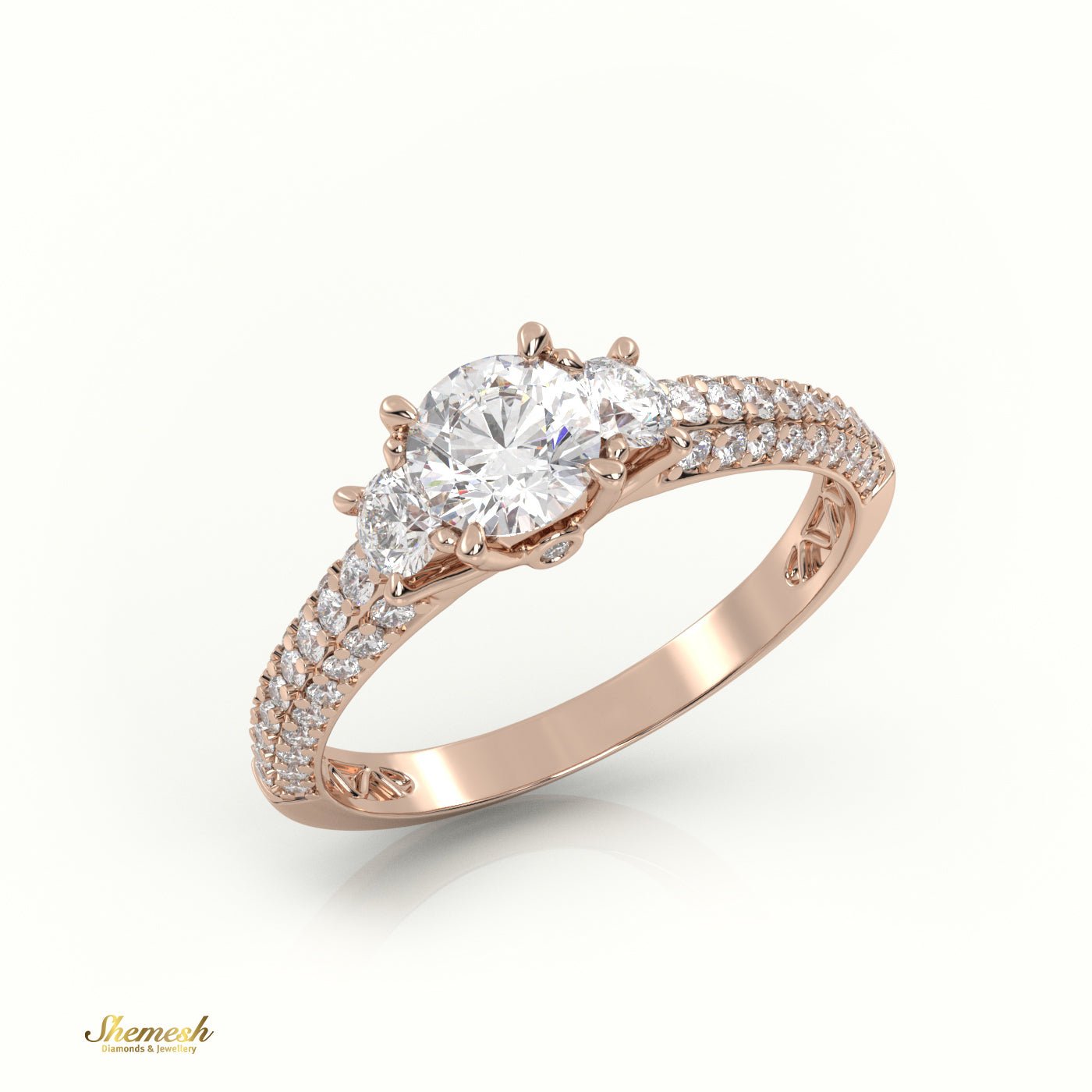 18K Gold Round Cut Diamond Side Stones Double Pave Setting Engagement Ring - shemesh_diamonds