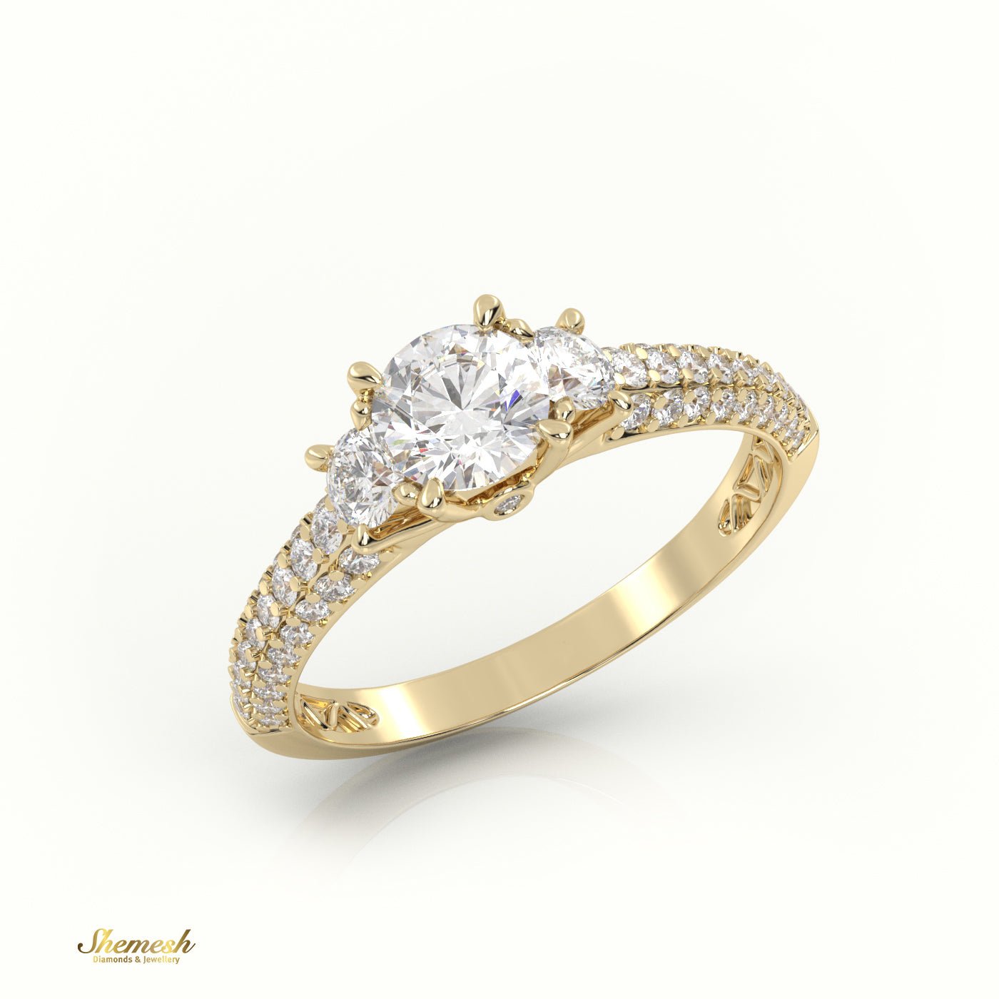 18K Gold Round Cut Diamond Side Stones Double Pave Setting Engagement Ring - shemesh_diamonds