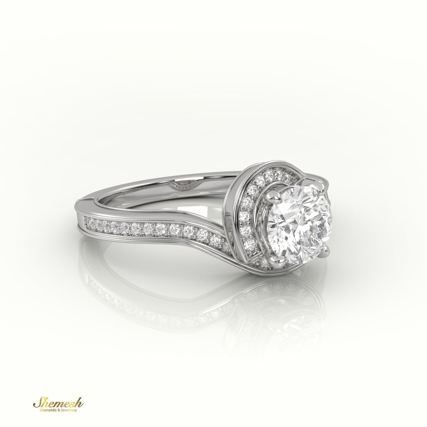 18K Gold Round Cut Diamond Engagement Ring with 4 - Prong Swirl Design - shemesh_diamonds