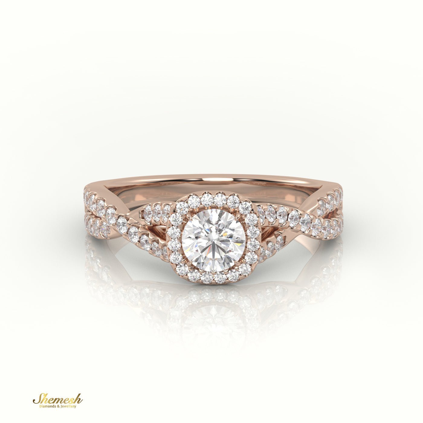 18K Gold Round Cut Diamond Engagement Ring with Halo & Infinity Design, Pave Band - shemesh_diamonds