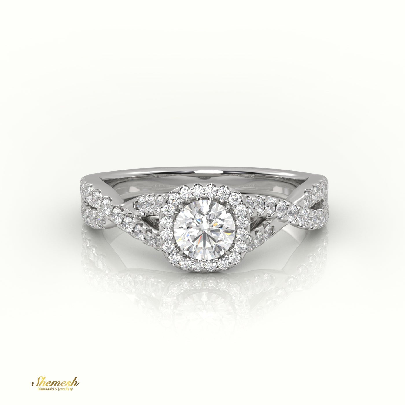 18K Gold Round Cut Diamond Engagement Ring with Halo & Infinity Design, Pave Band - shemesh_diamonds