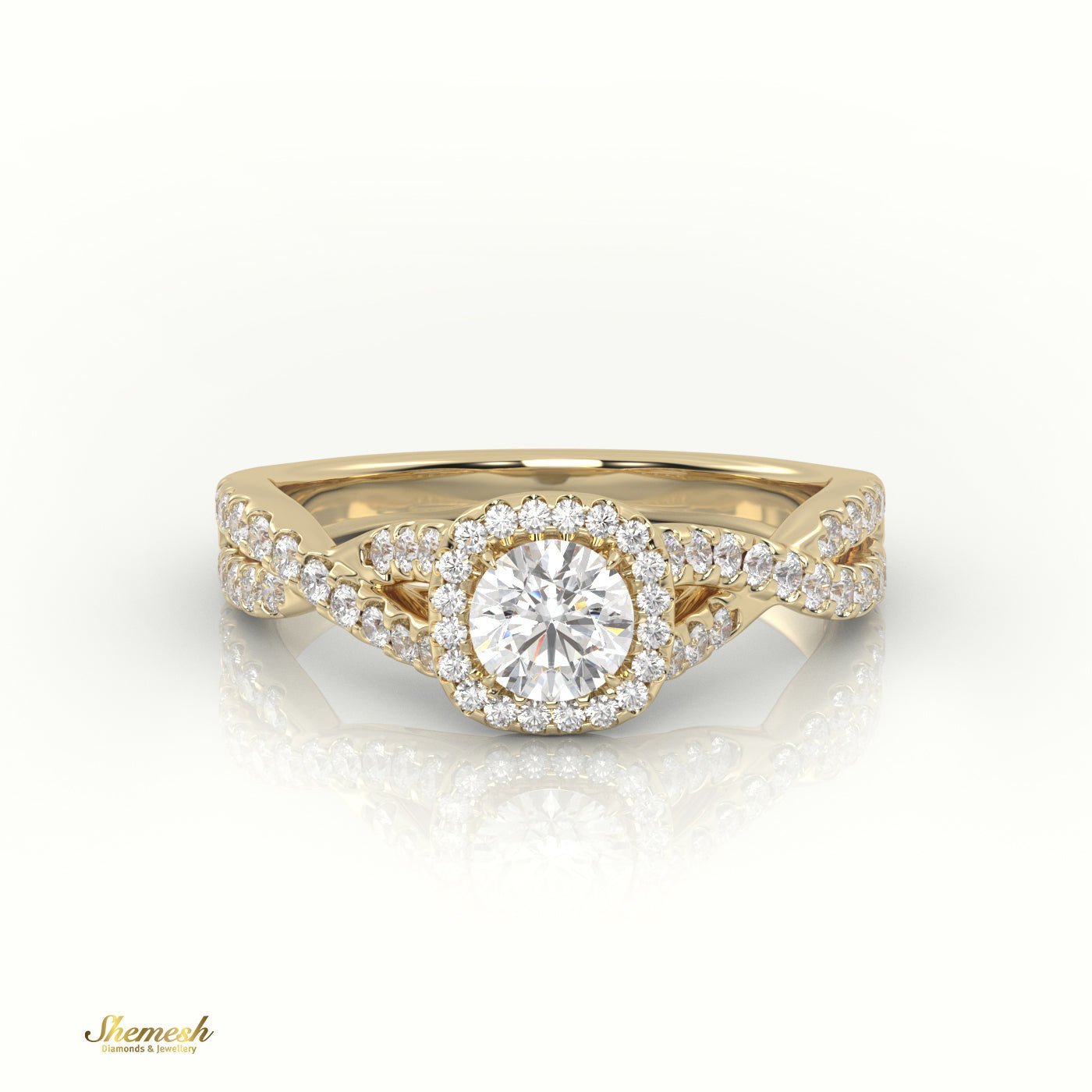 18K Gold Round Cut Diamond Engagement Ring with Halo & Infinity Design, Pave Band - shemesh_diamonds