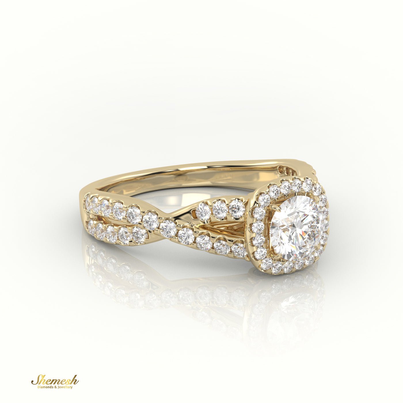 18K Gold Round Cut Diamond Engagement Ring with Halo & Infinity Design, Pave Band - shemesh_diamonds