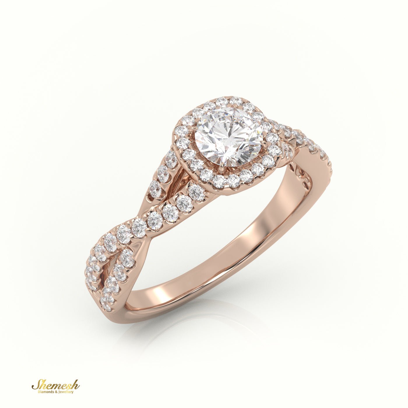 18K Gold Round Cut Diamond Engagement Ring with Halo & Infinity Design, Pave Band - shemesh_diamonds