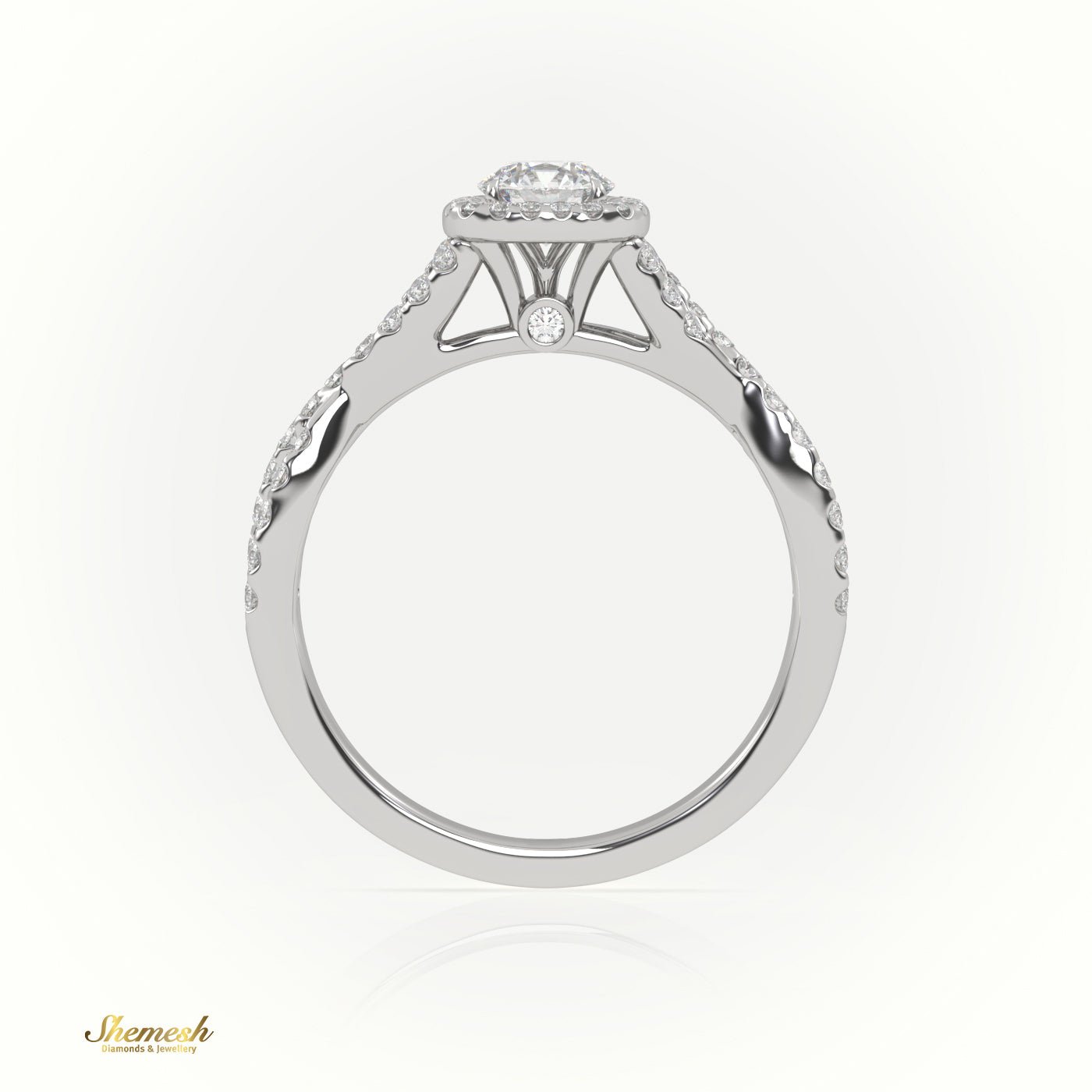 18K Gold Round Cut Diamond Engagement Ring with Halo & Infinity Design, Pave Band - shemesh_diamonds