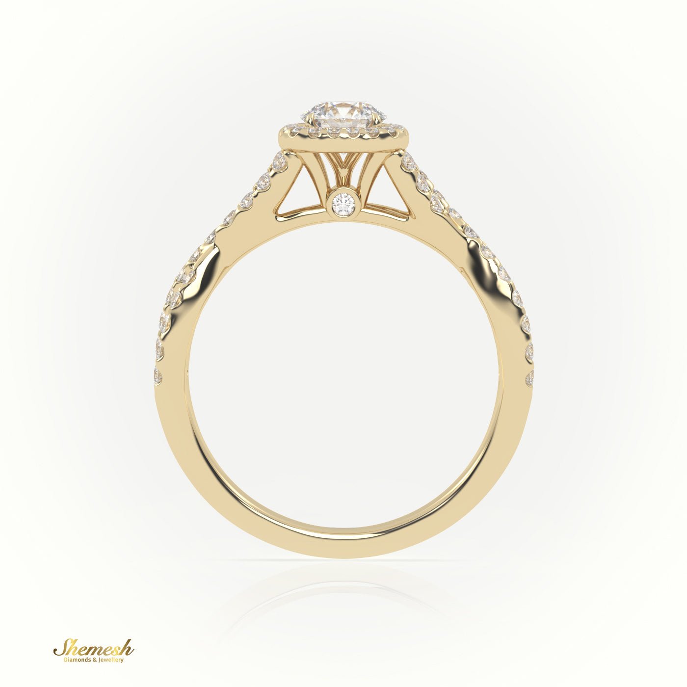 18K Gold Round Cut Diamond Engagement Ring with Halo & Infinity Design, Pave Band - shemesh_diamonds