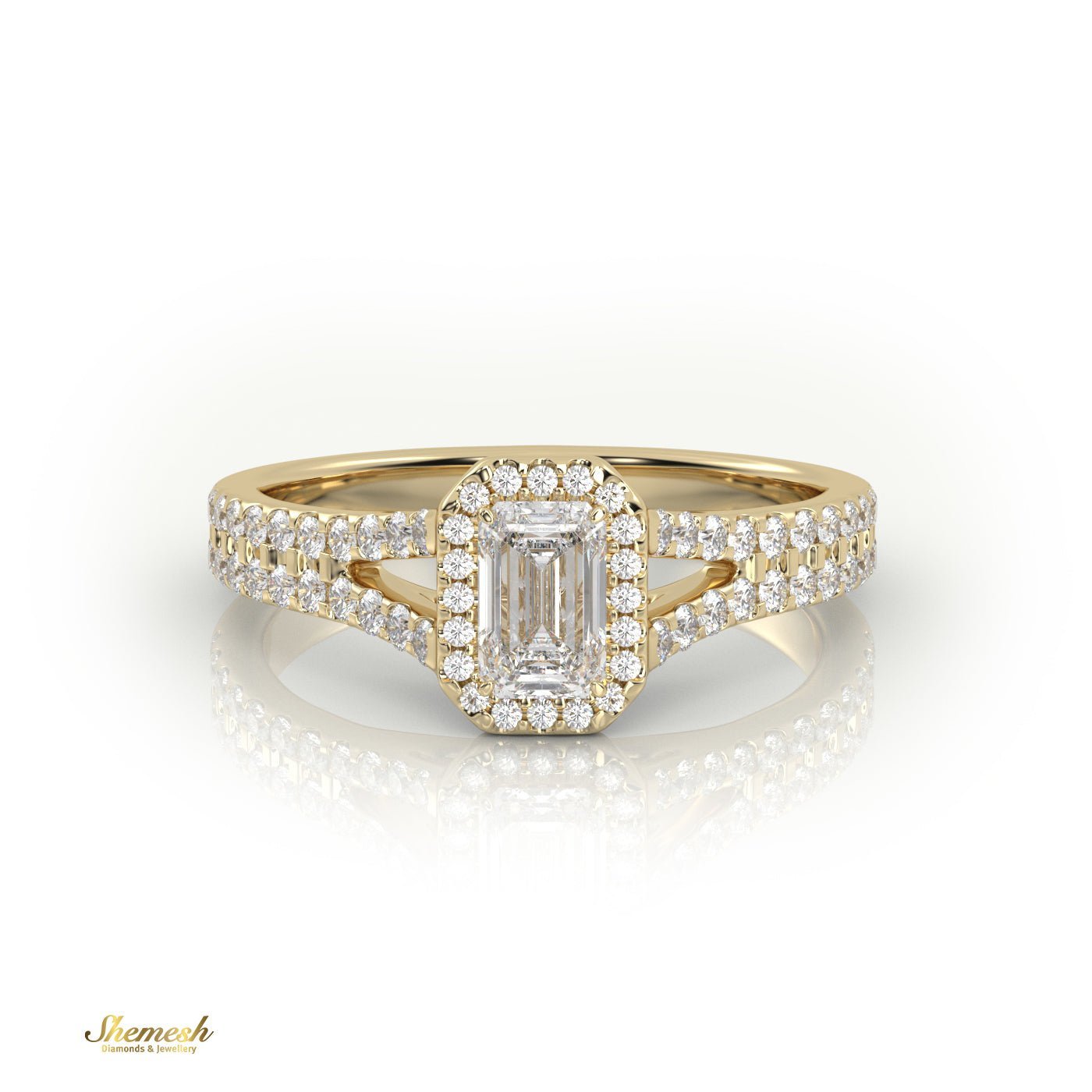 18K Gold 4 Prongs Emerald Diamond Halo Style Engagement Ring with Split Shank Pave Set Band - shemesh_diamonds