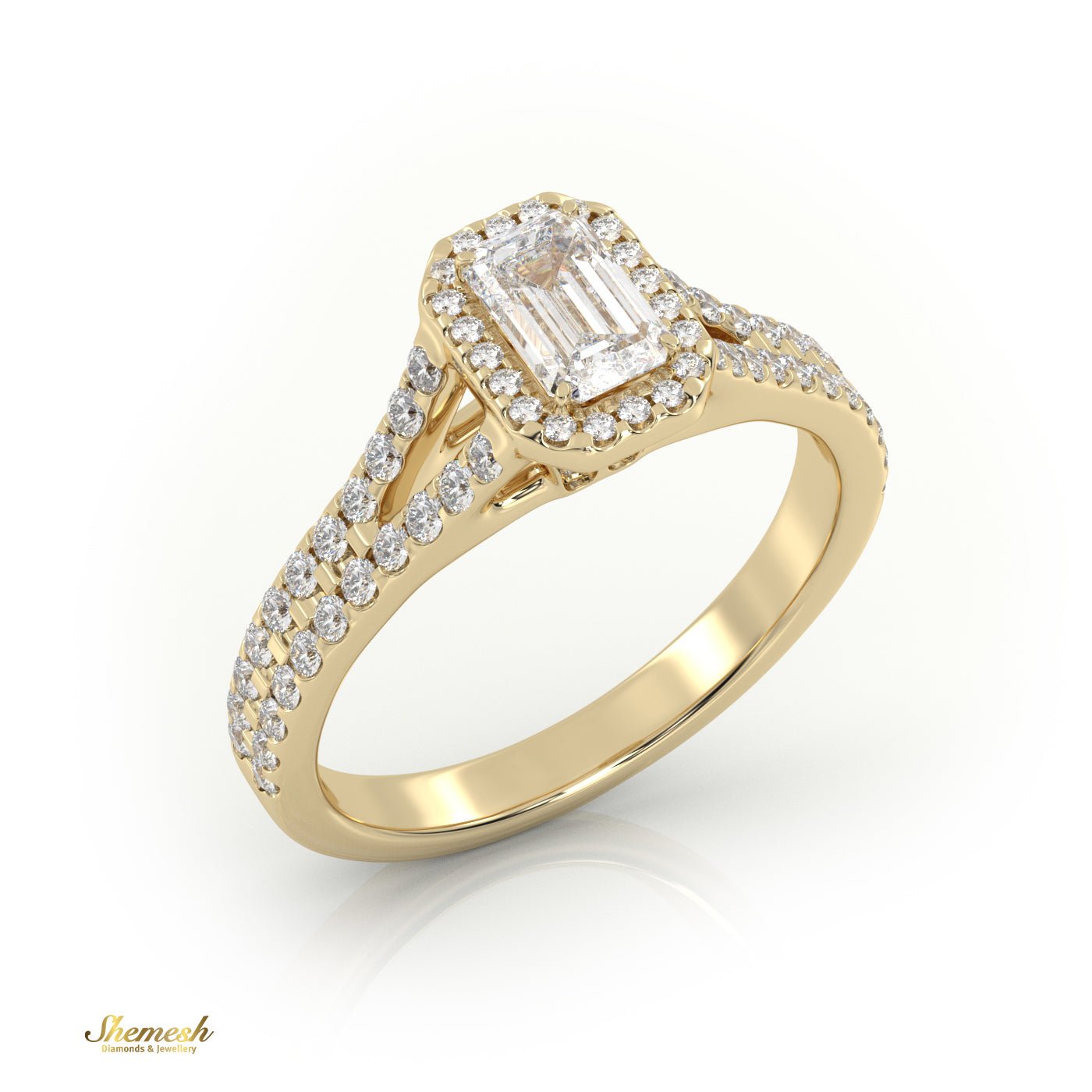 18K Gold 4 Prongs Emerald Diamond Halo Style Engagement Ring with Split Shank Pave Set Band - shemesh_diamonds