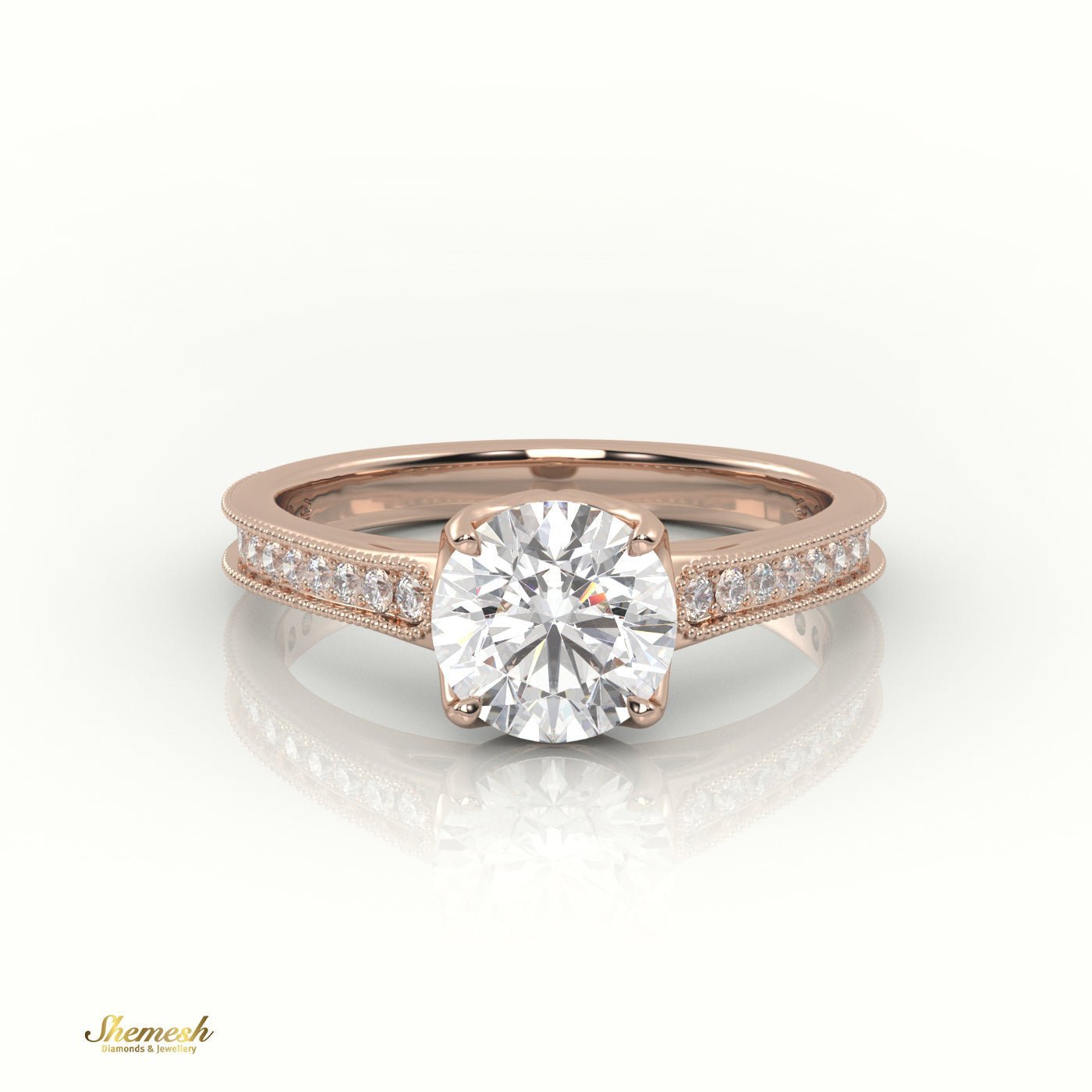 18K Gold Round Cut Diamond Engagement Ring with 4 Prongs and Channel Milgrain Setting - shemesh_diamonds