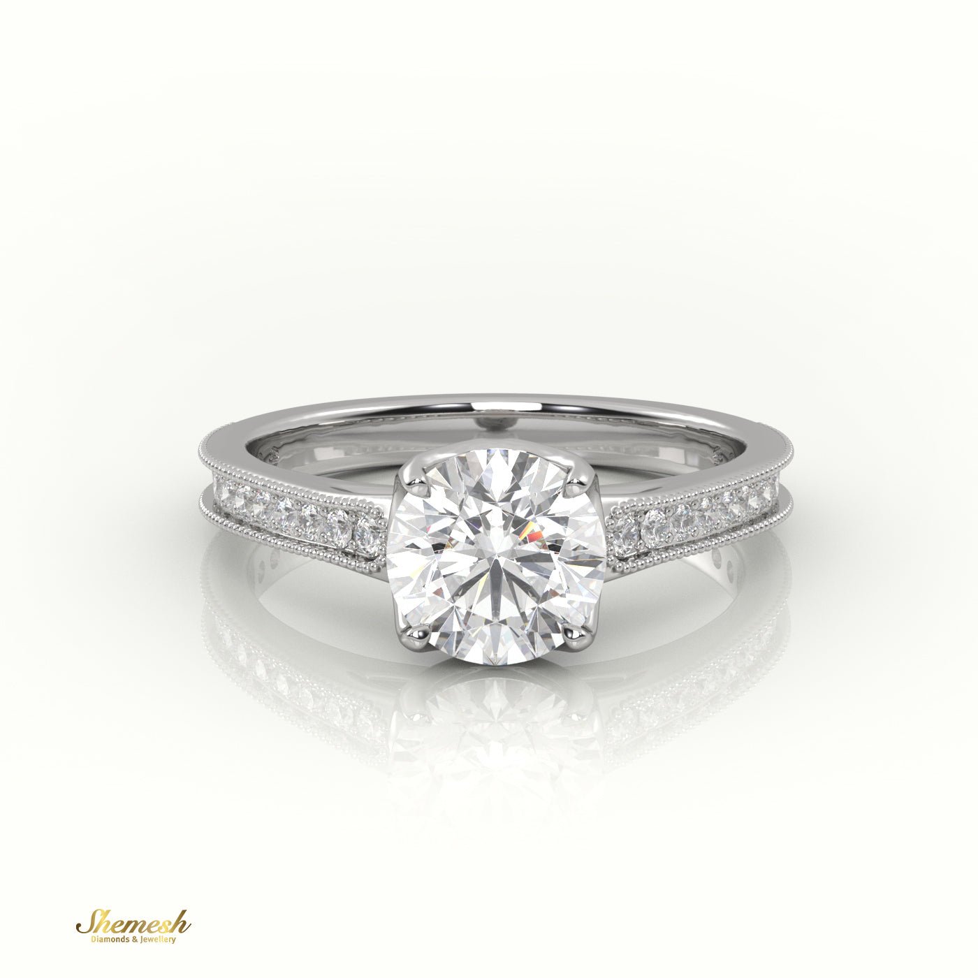 18K Gold Round Cut Diamond Engagement Ring with 4 Prongs and Channel Milgrain Setting - shemesh_diamonds