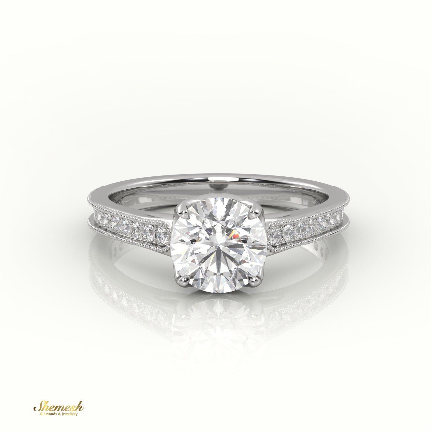 18K Gold Round Cut Diamond Engagement Ring with 4 Prongs and Channel Milgrain Setting - shemesh_diamonds