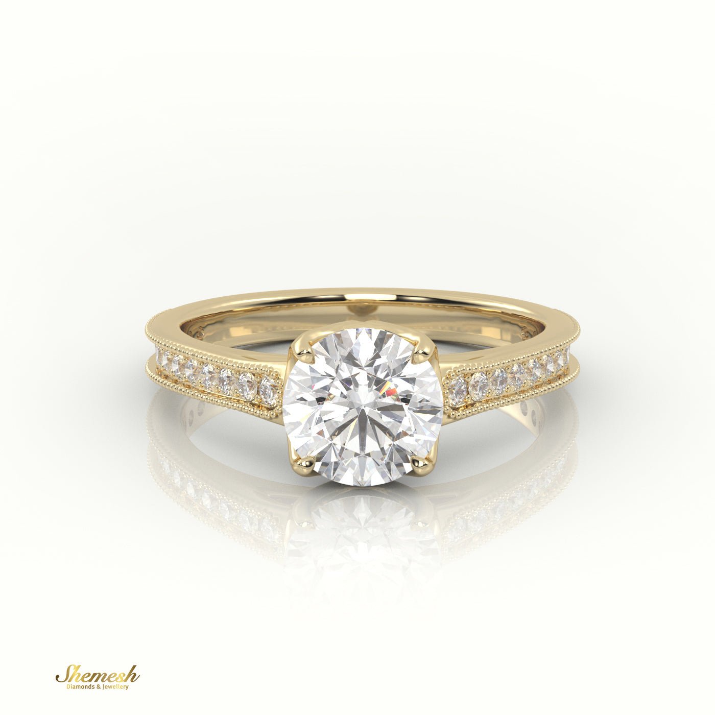 18K Gold Round Cut Diamond Engagement Ring with 4 Prongs and Channel Milgrain Setting - shemesh_diamonds