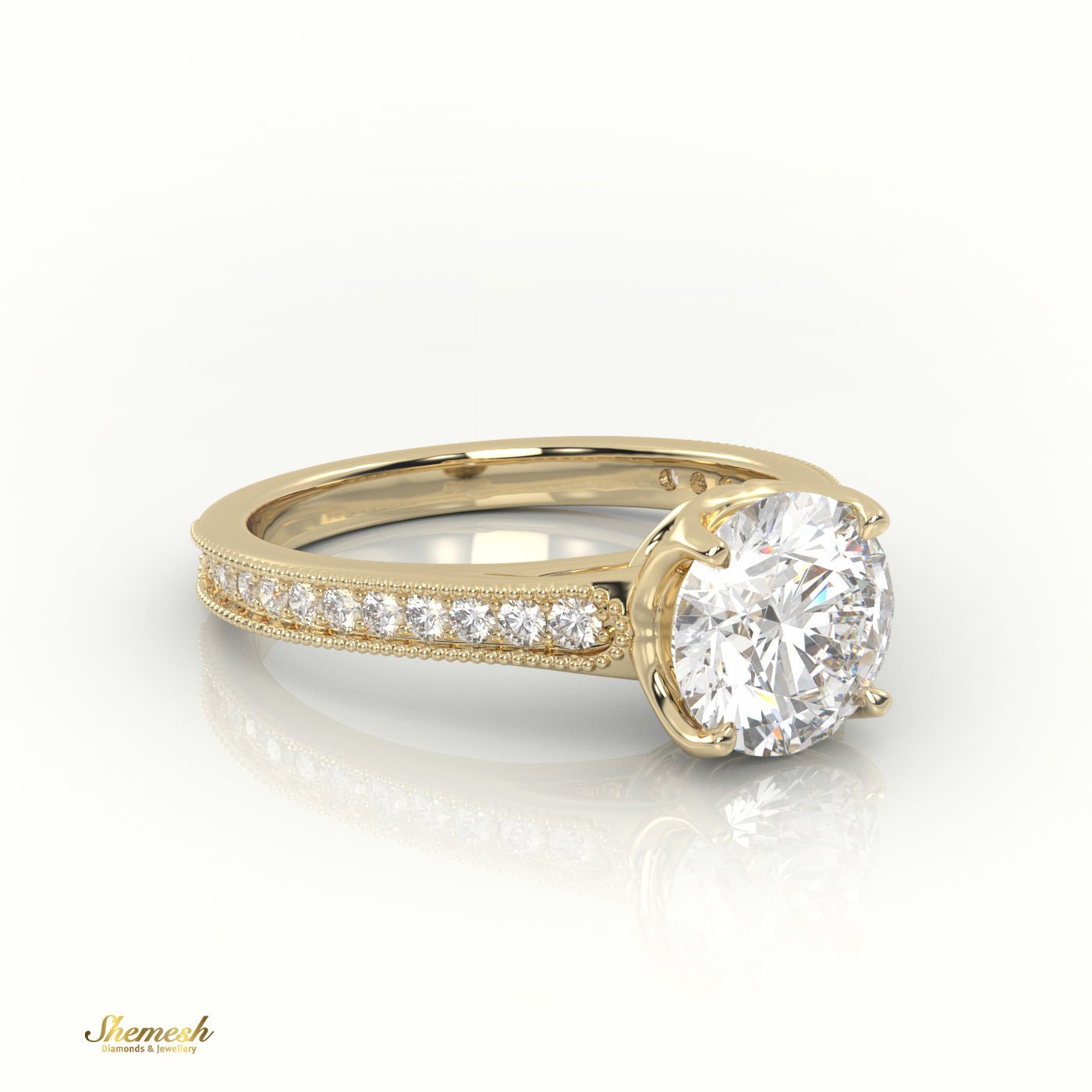 18K Gold Round Cut Diamond Engagement Ring with 4 Prongs and Channel Milgrain Setting - shemesh_diamonds