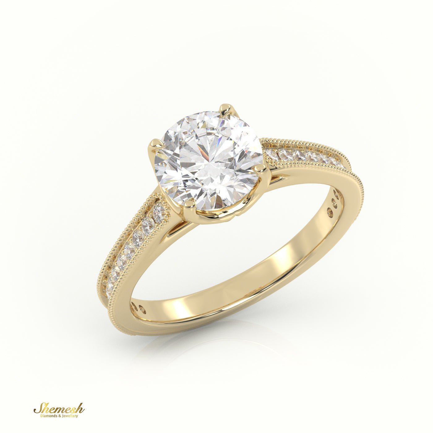 18K Gold Round Cut Diamond Engagement Ring with 4 Prongs and Channel Milgrain Setting - shemesh_diamonds