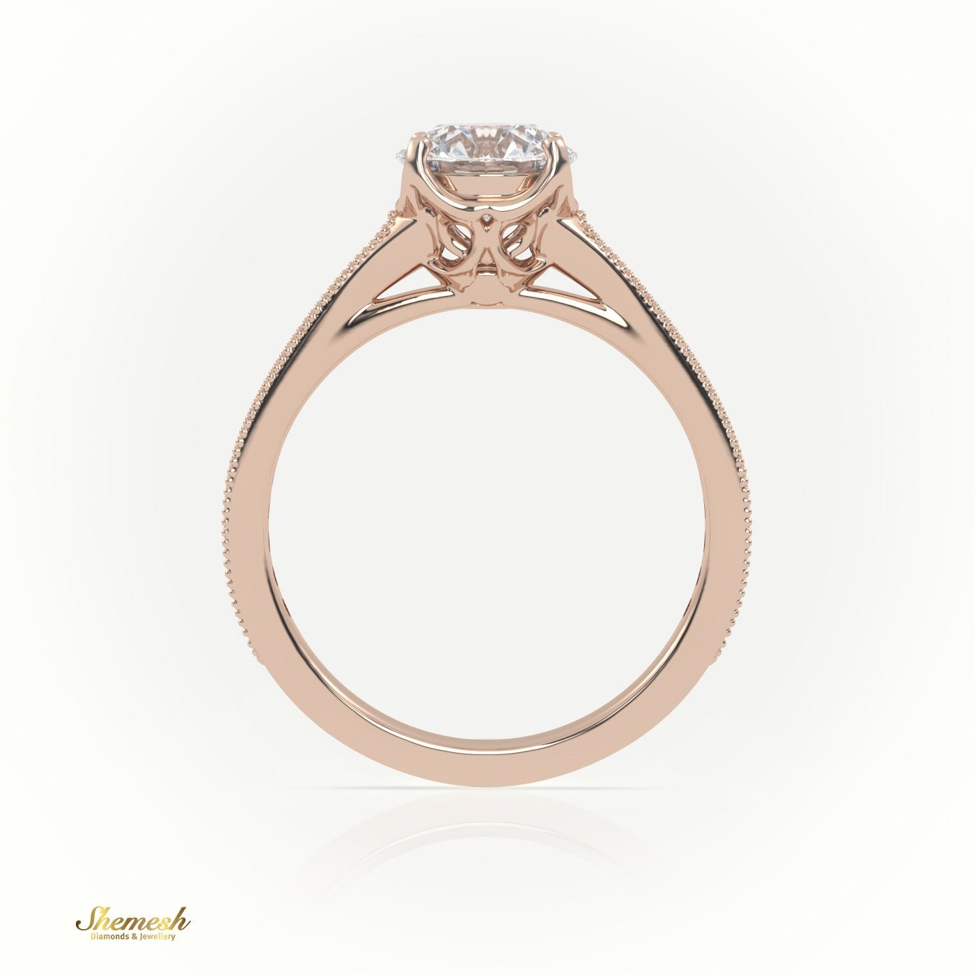 18K Gold Round Cut Diamond Engagement Ring with 4 Prongs and Channel Milgrain Setting - shemesh_diamonds