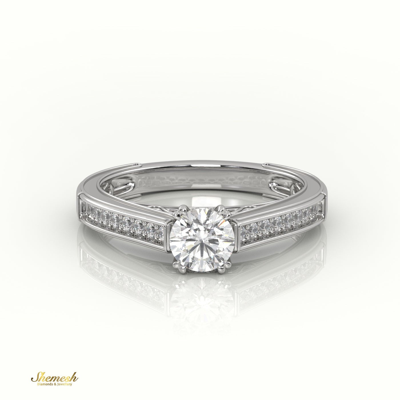 18K 8 Prongs Round Cut Diamond Engagement Ring with Channel Setting & Designer Bridge - shemesh_diamonds