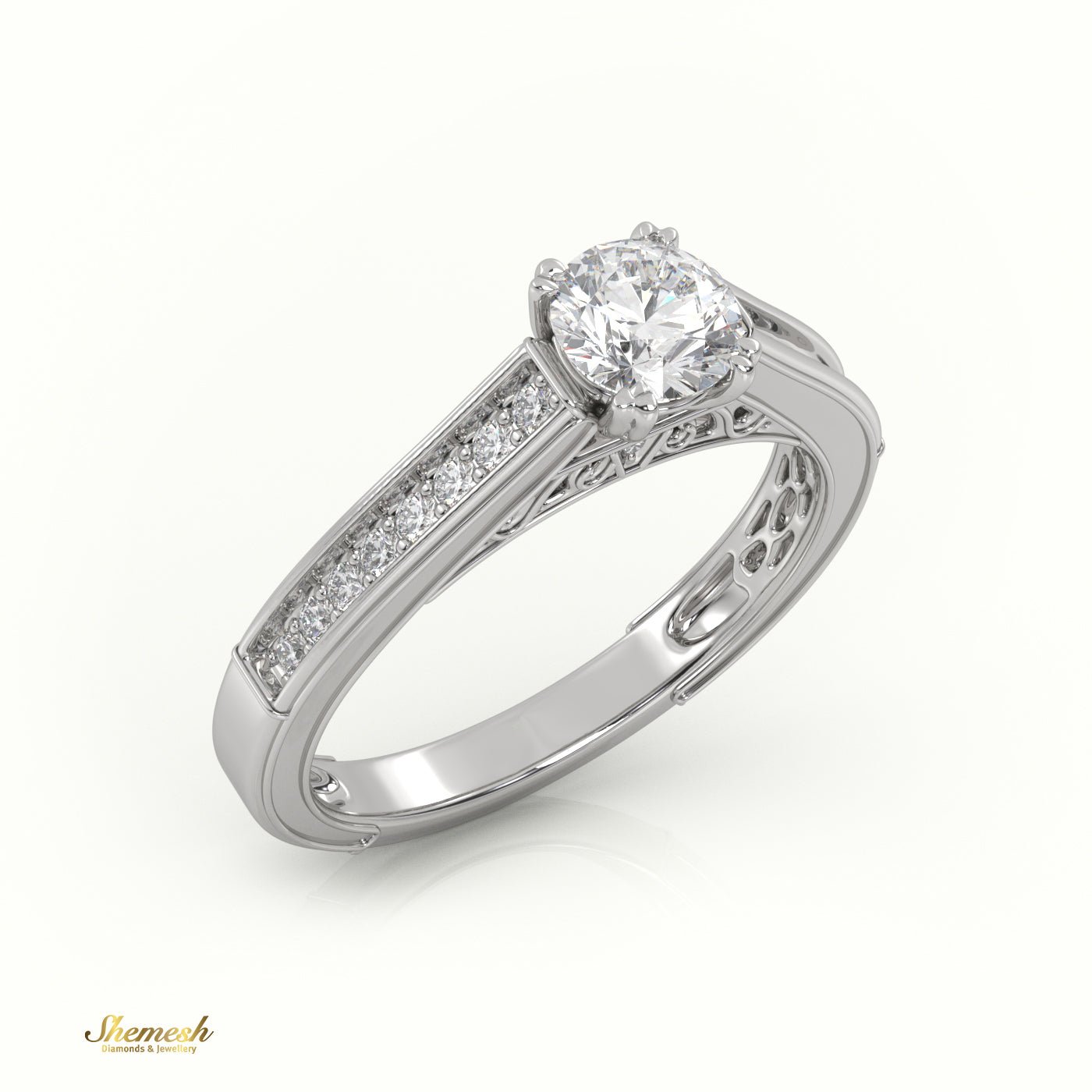 18K 8 Prongs Round Cut Diamond Engagement Ring with Channel Setting & Designer Bridge - shemesh_diamonds