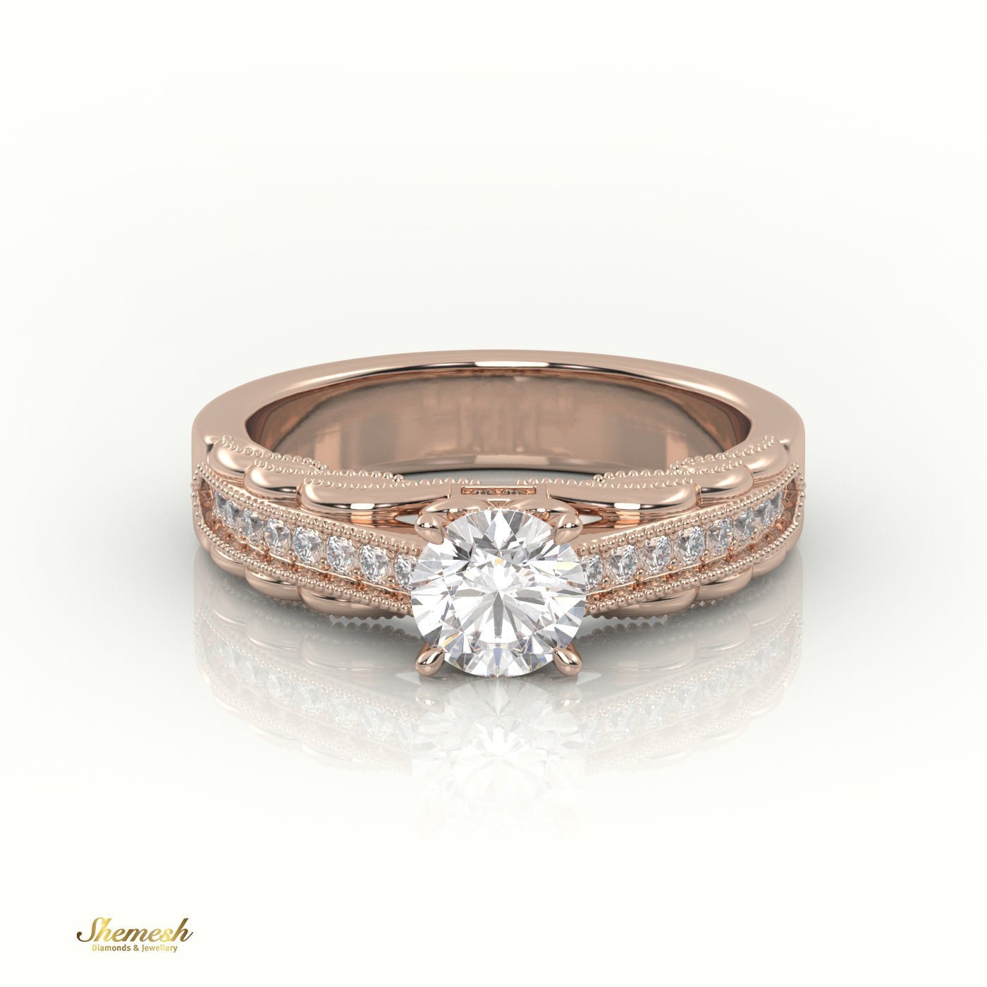 18K Gold 4 - Prong Round Cut Diamond Solitaire Engagement Ring with Pave Set Band & Milgrain Details - shemesh_diamonds